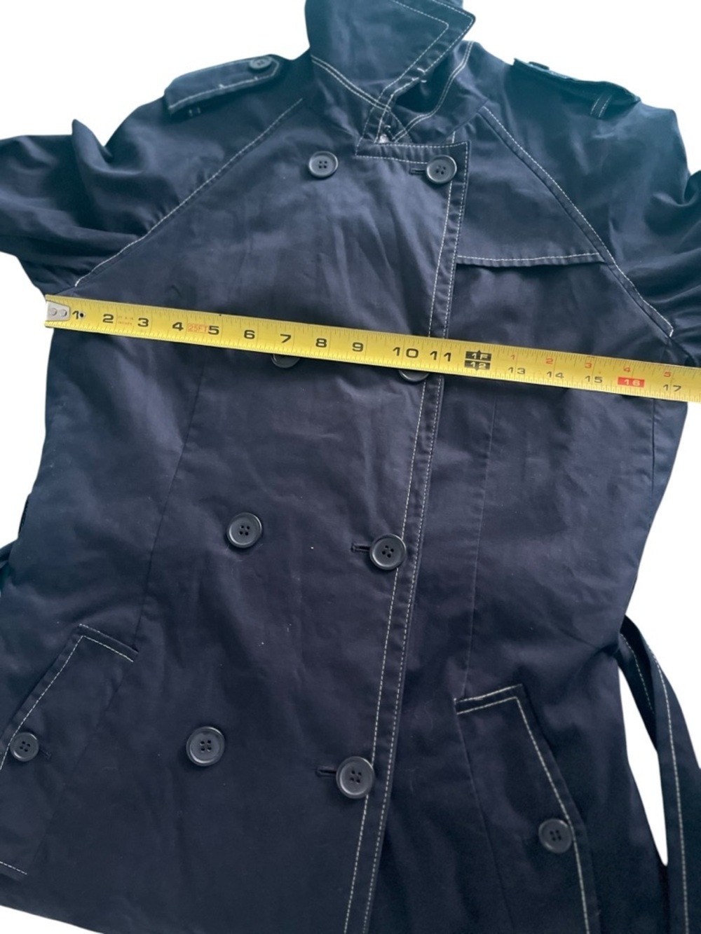 Blue Trench Coat Belted Double Breasted Classic Minimalist Preppy Fall Jacket - Picture 12 of 12